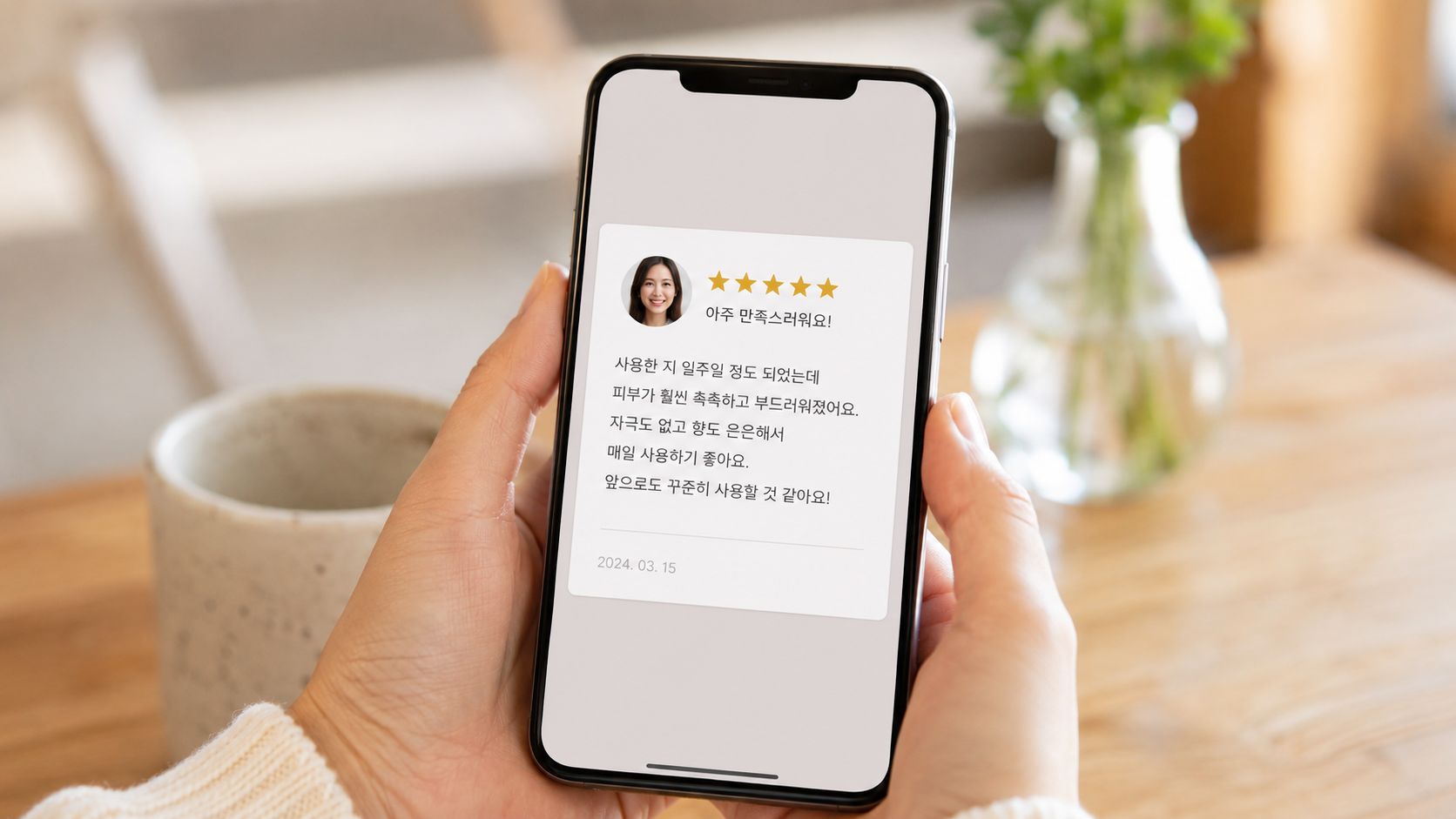 핸드폰 화면에 보이는 별 5개 상세 리뷰