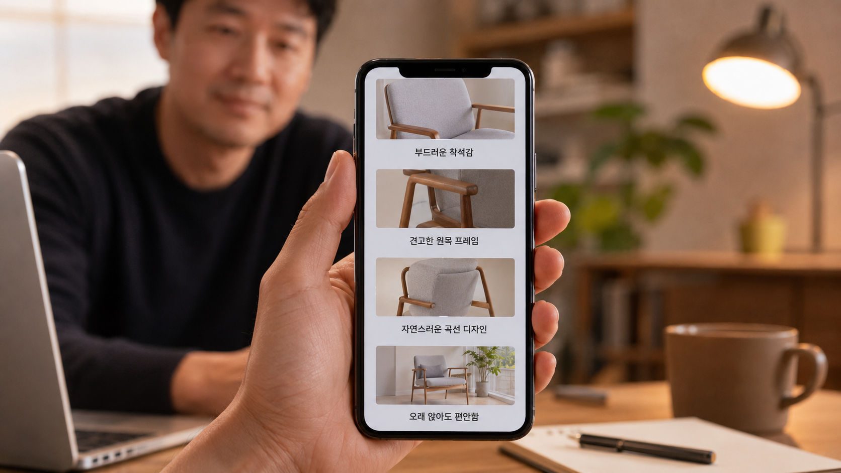 남성 셀러가 핸드폰에 잘 정리된 상품 상세페이지를 보여주는 모습