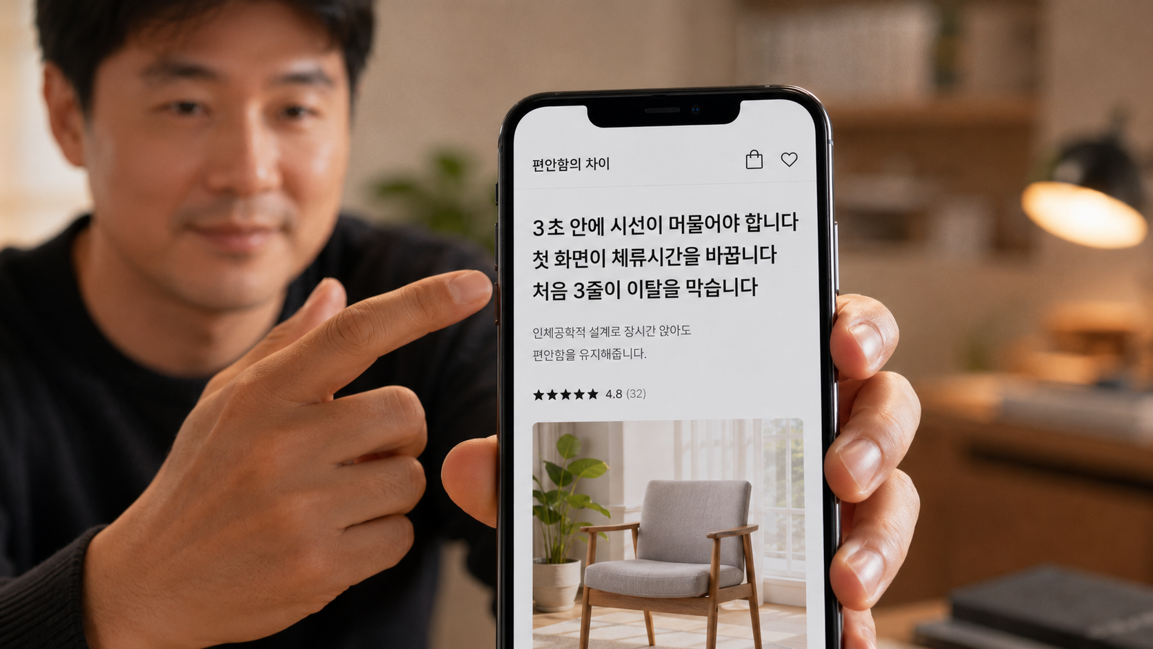남성 셀러가 핸드폰 화면을 가리키며 '3초 안에 시선이 머물러야 합니다' 텍스트를 보여주는 모습