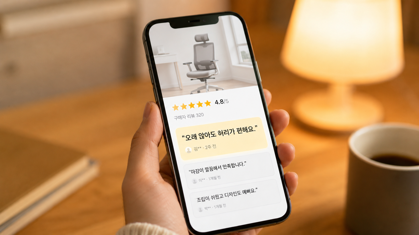핸드폰 화면에 별 4.8 + '오래 앉아도 허리가 편해요' 후기 발췌